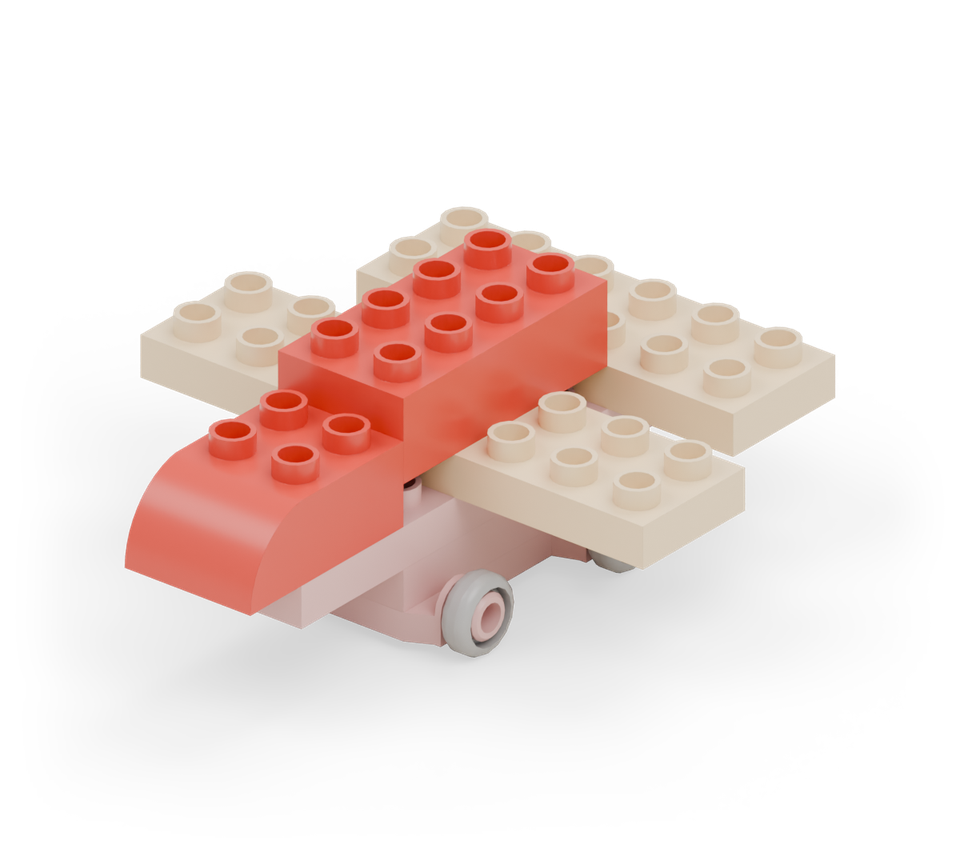 Lay a red long brick along the centre above the lower wing, with one row behind the wing and one in front. Add a red curve to the front of the spine, rounded nose pointing forward.