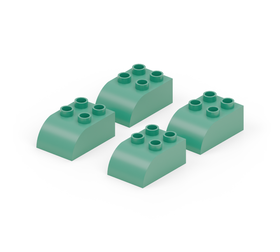 Set out four green curved feet in two pairs. Leave two stud columns between left and right feet, and one clear row between the back and front pairs. Point all rounded toes forward. New additions are shown in their original colours; earlier pieces are lighter.