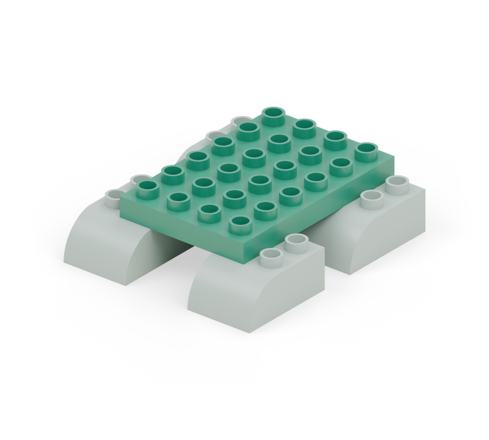 Join the feet with the green wide plate. Centre its four-stud width between the feet; its six-stud length covers the flat rows of all four feet. New additions are shown in their original colours; earlier pieces are lighter.