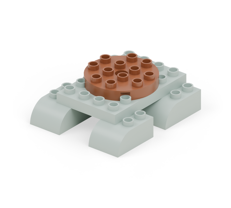 Centre the brown round plate on the body, leaving one green row clear at the back and front. New additions are shown in their original colours; earlier pieces are lighter.
