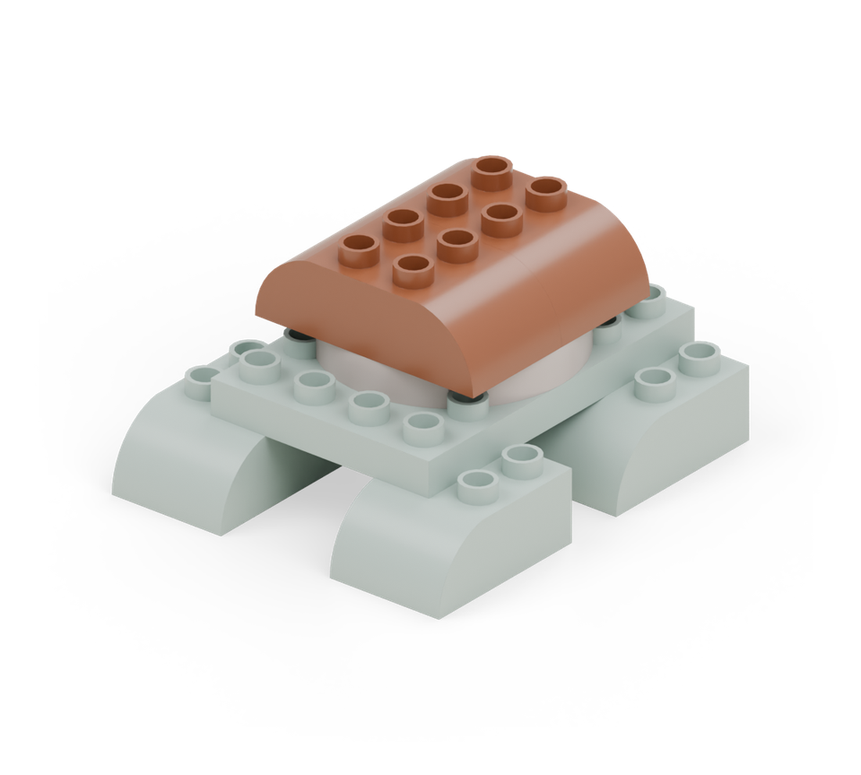 Cover the shell with two brown double-curved bricks turned across the turtle, one behind the other. New additions are shown in their original colours; earlier pieces are lighter.