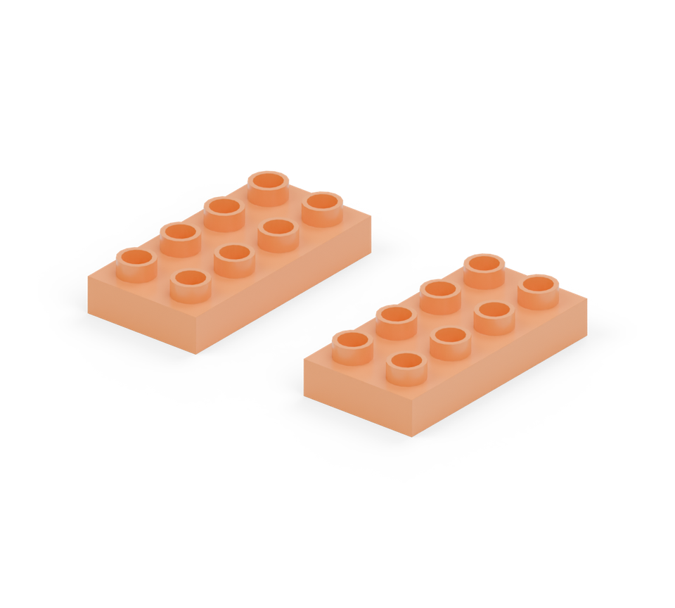 Step 1: Lay two orange 2 × 4 plates lengthways, with two clear stud columns between them. These are the two back arms.