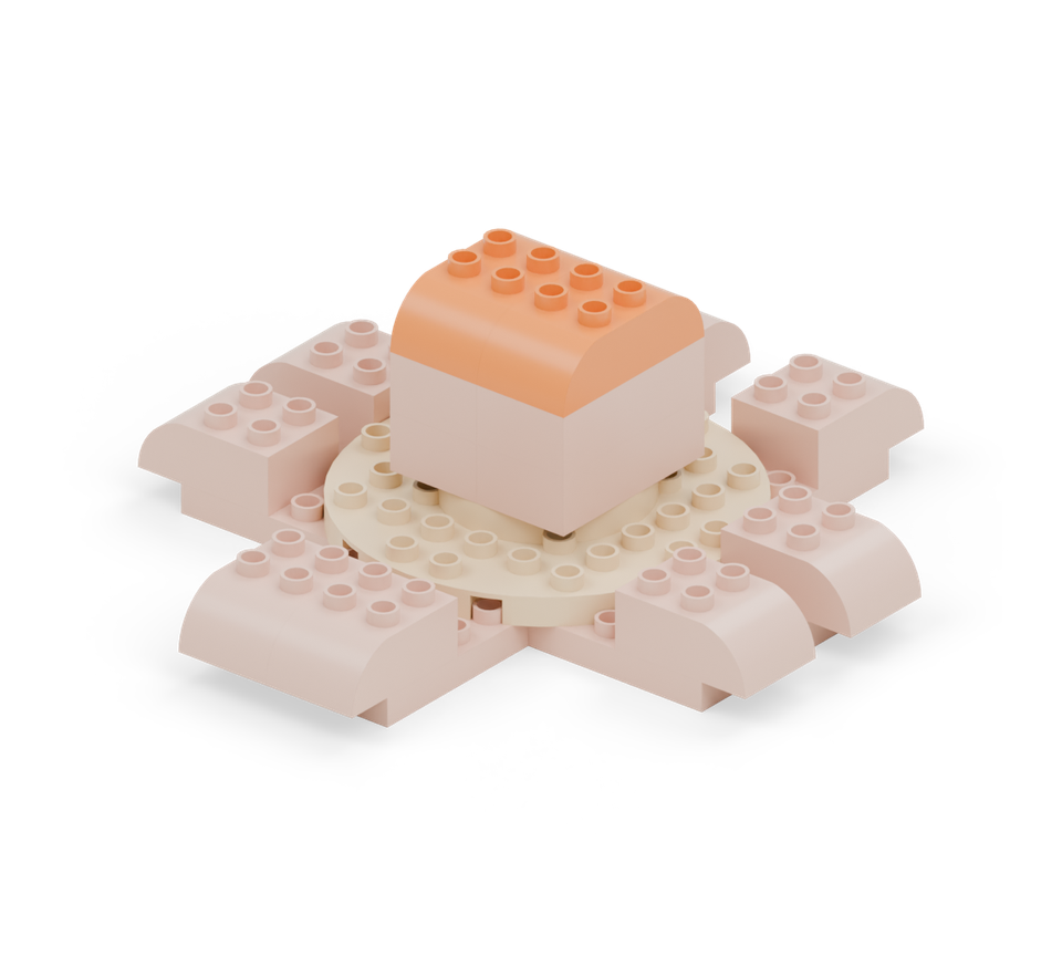 Step 11: Cap the head with two orange double-curved bricks side by side. Line them up with the bricks beneath.