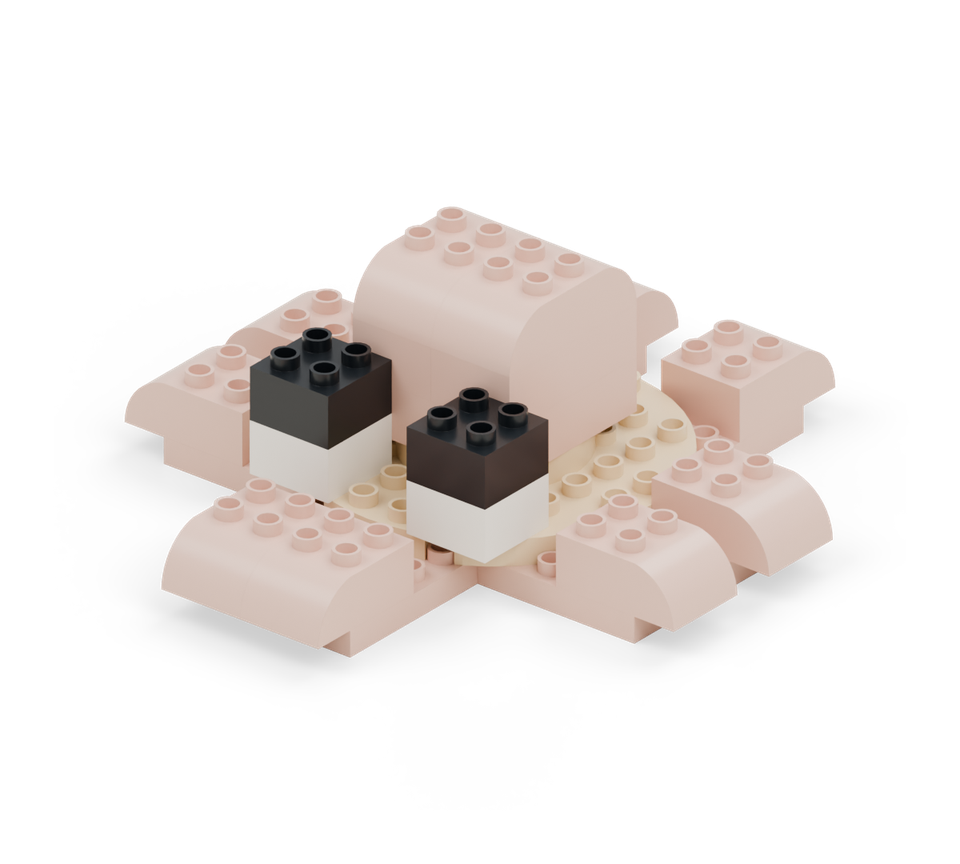 Step 12: Put two white square bricks in front of the head, with two clear columns between them. Add a black square on each for two separate eyes.