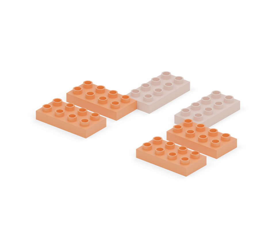 Step 2: Add two orange 2 × 4 plates on each side, turned across the first pair. Leave one clear row between the two plates on each side. Their inner two columns sit under the future body.