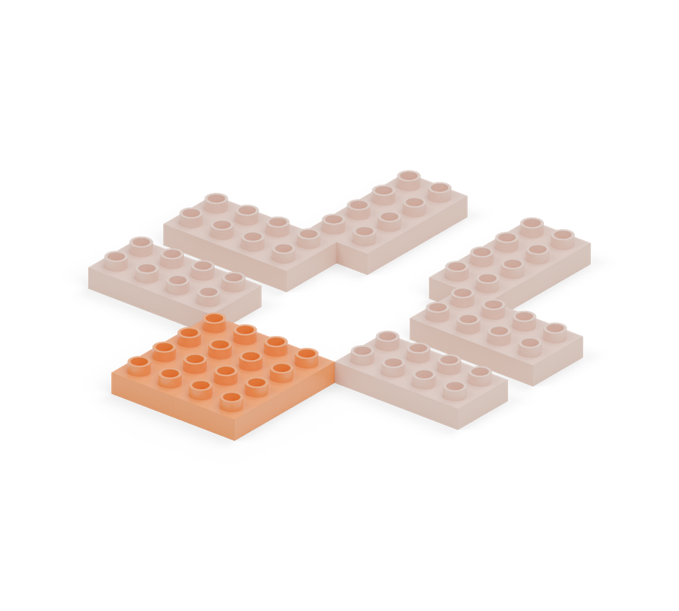Step 3: Place two more orange 2 × 4 plates side by side at the front. Centre this pair across the body and leave five clear rows between the back and front pairs.