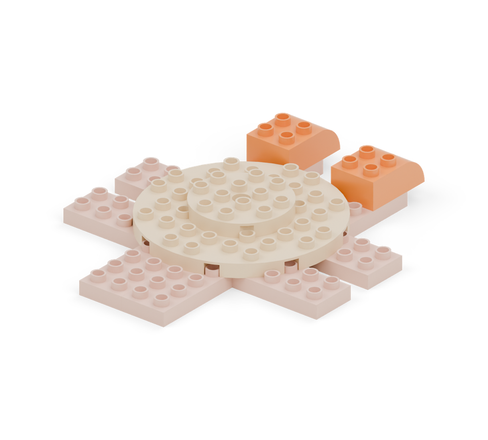 Step 6: Round the two back arms with orange curved bricks, rounded ends pointing away from the round body. Each tip overhangs its arm plate by one row.