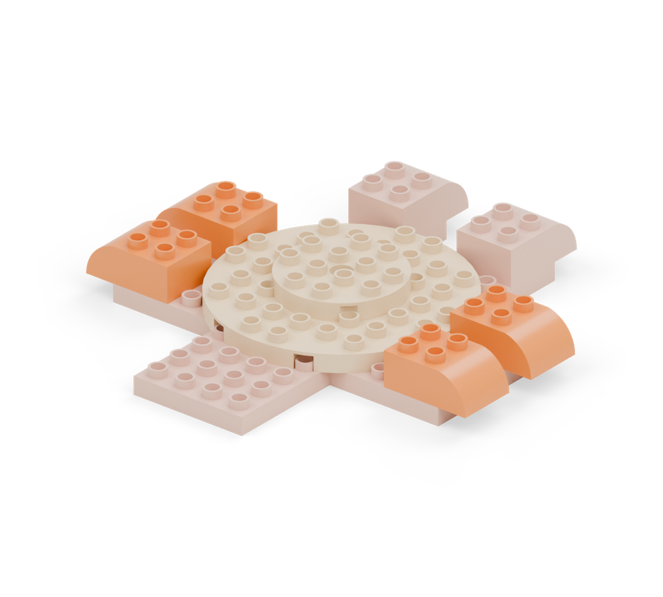 Step 7: Put an orange curved brick on each outer arm end. Point the left pair to the left and the right pair to the right. Each tip overhangs its plate by one column.