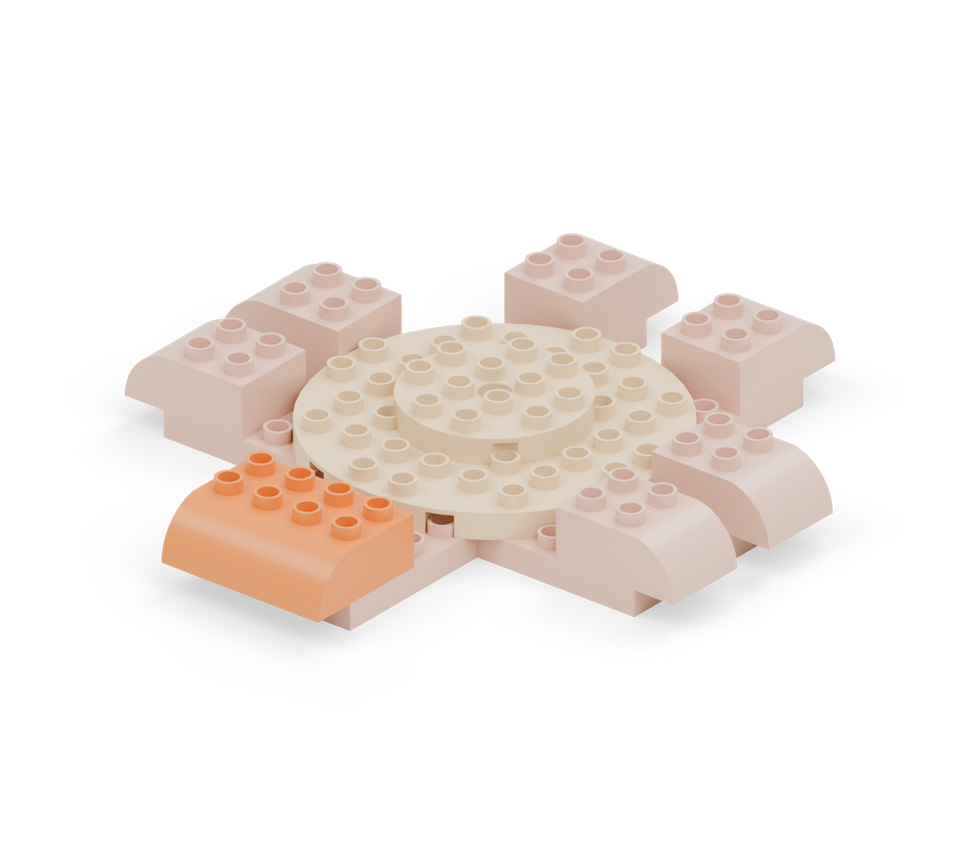 Step 8: Round the two front arm ends with orange curved bricks. Point their curved ends forwards, with one row projecting beyond the plates.