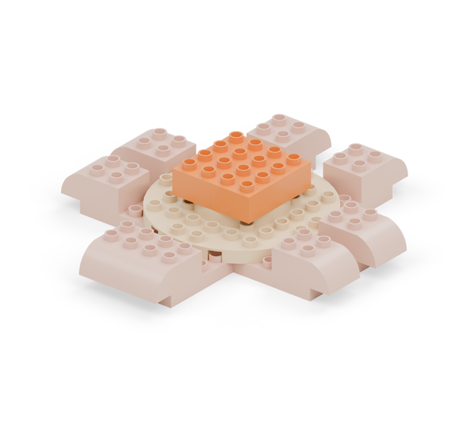 Step 9: Put two orange 2 × 4 bricks side by side on the round plate.