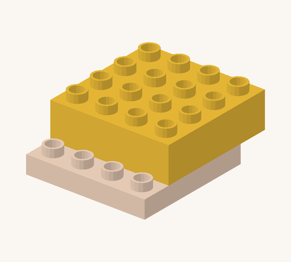 Make the yellow body with two long bricks across the feet, side by side. The body projects one row behind the feet; one orange row remains showing at the front. New additions are shown in their original colours; earlier pieces are lighter.