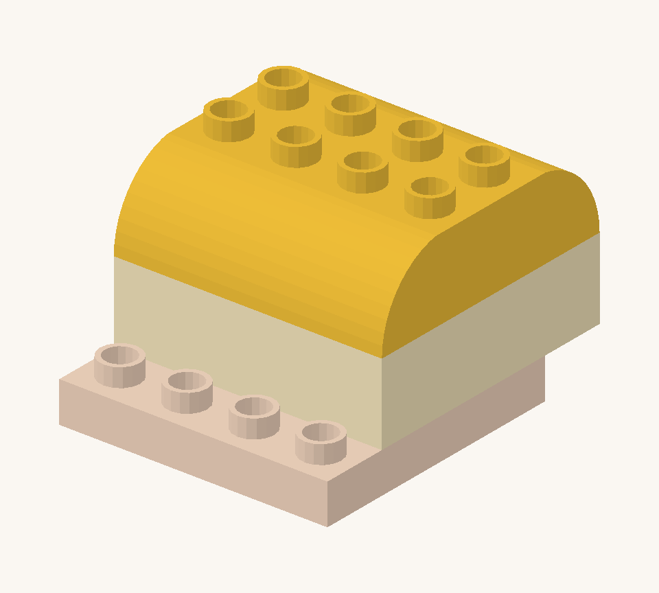 Add two yellow double-curved bricks along the body, with their rounded ends facing the front and back. New additions are shown in their original colours; earlier pieces are lighter.