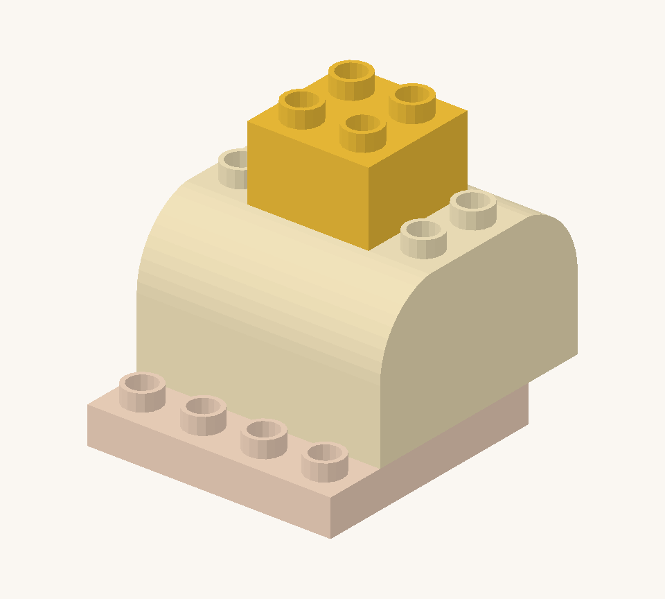 Centre the yellow square on the body for the head. It joins the two curved bricks. New additions are shown in their original colours; earlier pieces are lighter.
