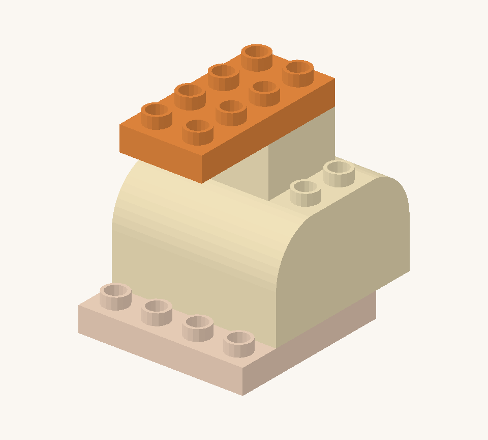 Place the orange small plate on the head for the bill. Its back edge lines up with the head; two rows project forward. New additions are shown in their original colours; earlier pieces are lighter.