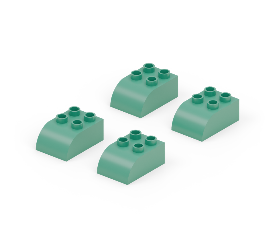 Set out four green curved feet in a rectangle. Leave two stud columns between the left and right feet, and three clear rows between the front and back feet. All toes point forward. New additions are shown in their original colours; earlier pieces are lighter.