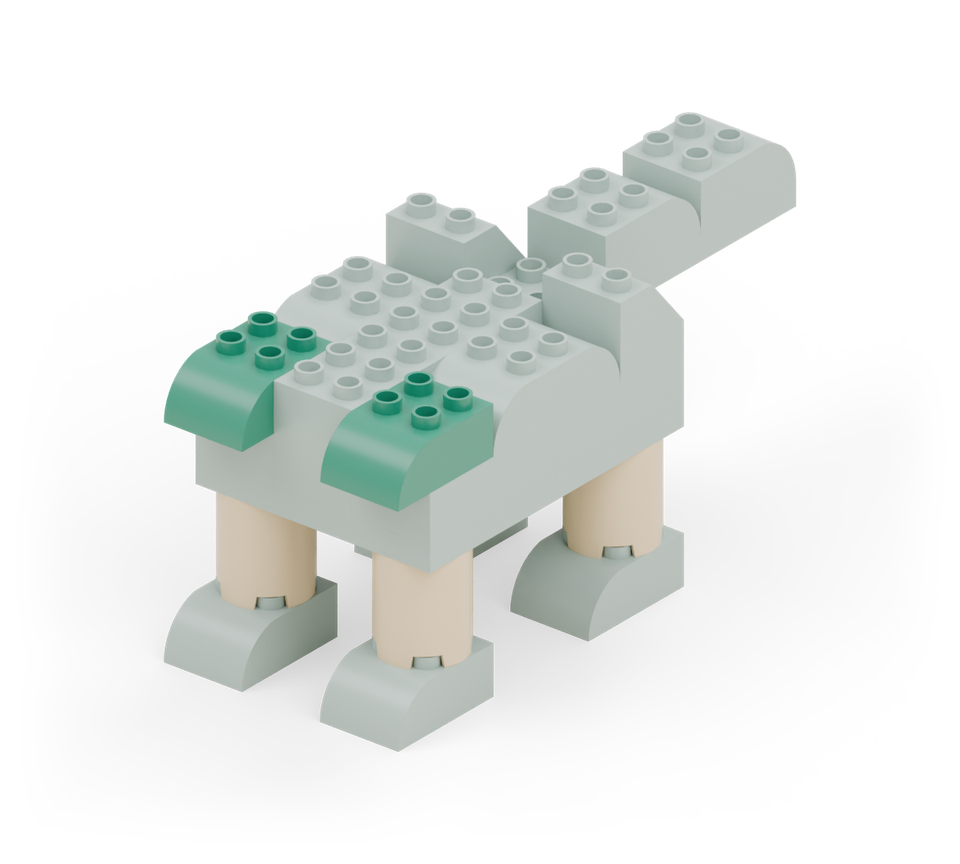 Add green curved bricks over the front hips, curving forward beyond the belly. New additions are shown in their original colours; earlier pieces are lighter.