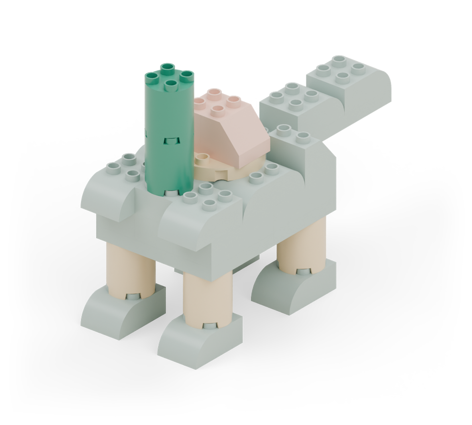 Stack two green round bricks at the front of the centre body brick for the long neck. New additions are shown in their original colours; earlier pieces are lighter.