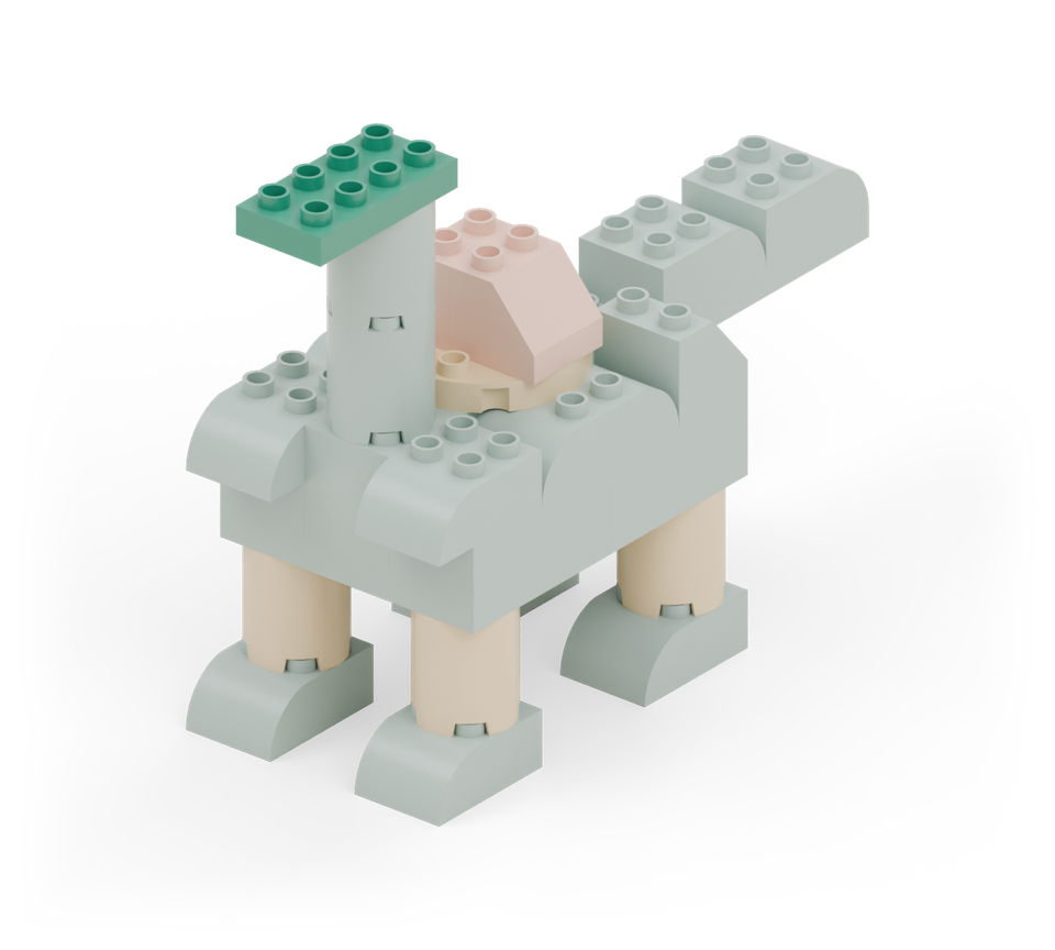 Set the green small plate on the neck, with two rows projecting forward for the nose. New additions are shown in their original colours; earlier pieces are lighter.