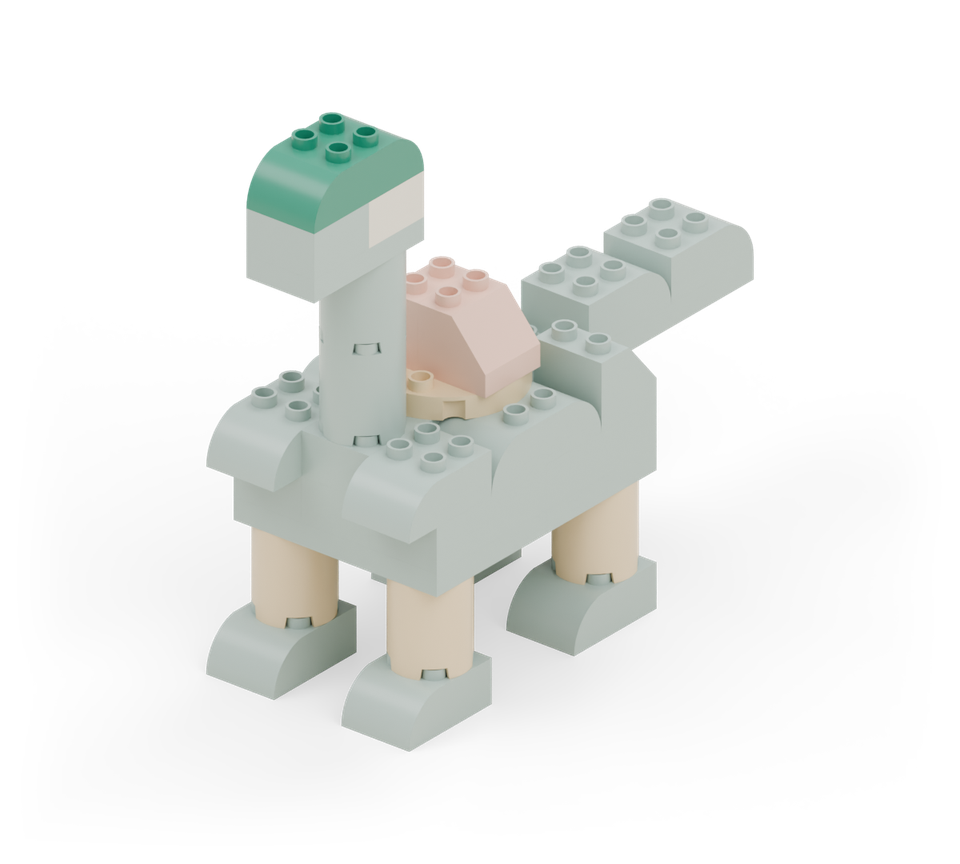 Finish the head with a green double-curved brick, lined up over both squares. New additions are shown in their original colours; earlier pieces are lighter.