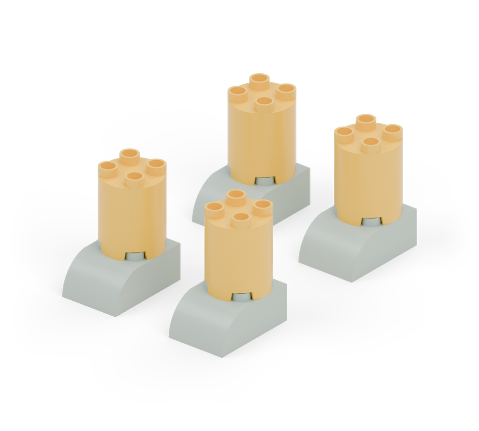 Stand a yellow round leg on the flat rear part of each foot. New additions are shown in their original colours; earlier pieces are lighter.