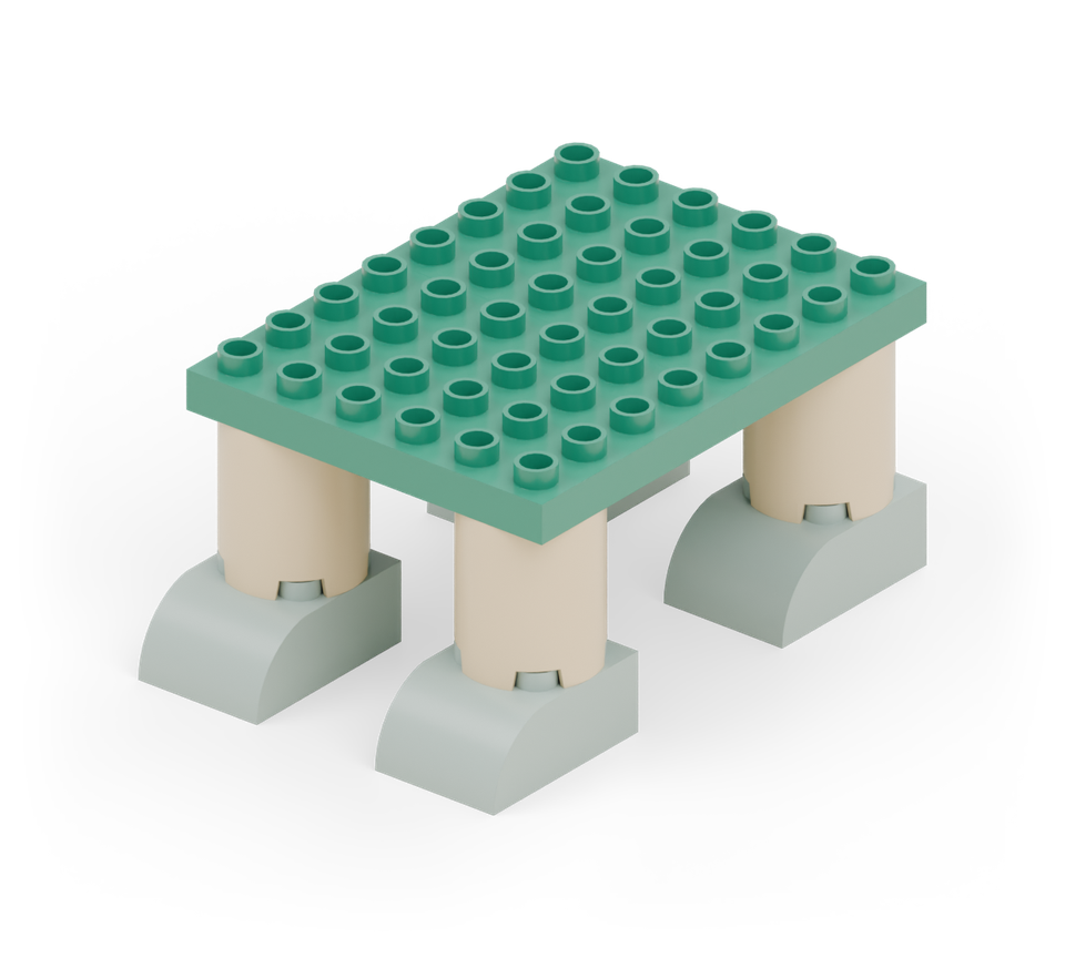 Turn two green wide plates across the legs, end to end, to form a six-by-eight-stud belly. New additions are shown in their original colours; earlier pieces are lighter.