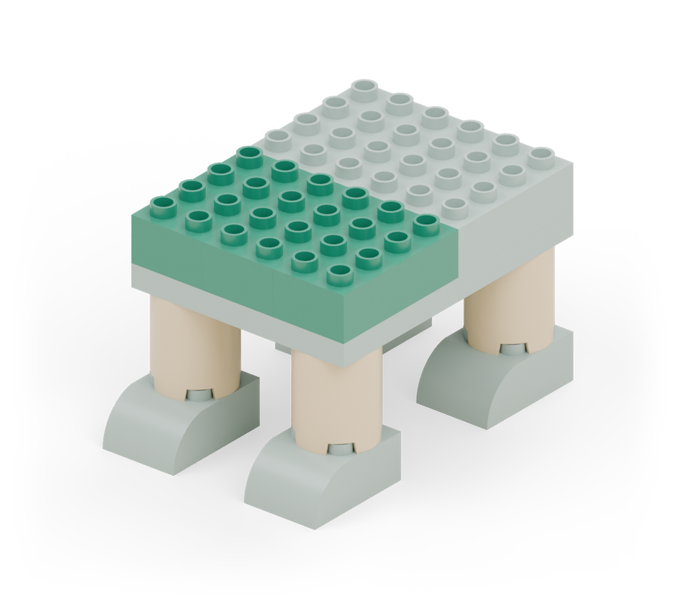 Cover the front half of the belly with three green long bricks side by side. New additions are shown in their original colours; earlier pieces are lighter.