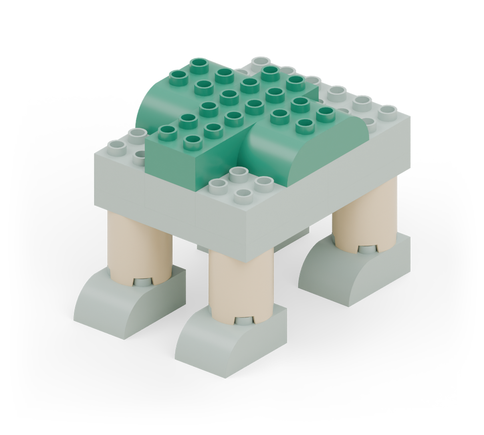 Join the body halves with an extra-long green brick down the centre, starting two rows in from the back. Add green double-curved bricks beside it, centred over the belly seam. New additions are shown in their original colours; earlier pieces are lighter.