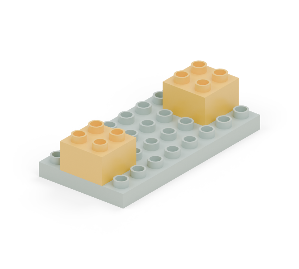 Start a yellow square pillar at each end of the base. Centre them across its four-stud width. New additions are shown in their original colours; earlier pieces are lighter.
