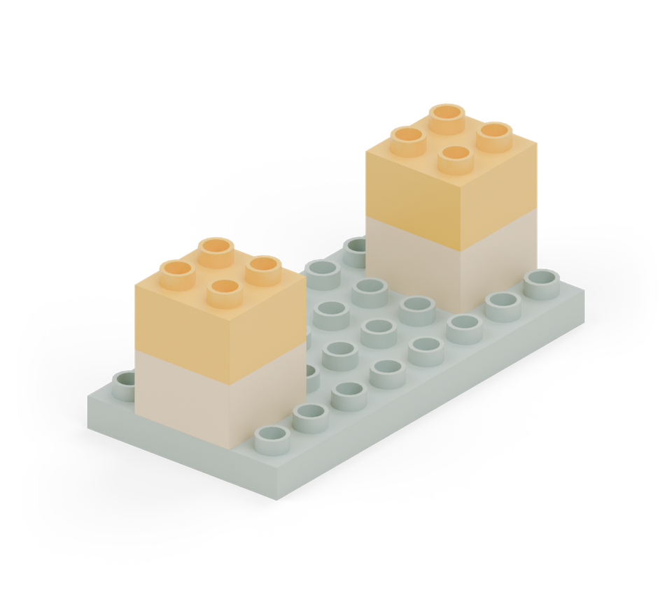 Add a yellow square brick to each pillar. New additions are shown in their original colours; earlier pieces are lighter.