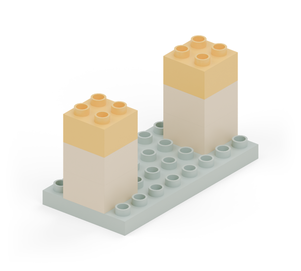 Add one more yellow square brick to each pillar. Both pillars should now be three bricks high. New additions are shown in their original colours; earlier pieces are lighter.
