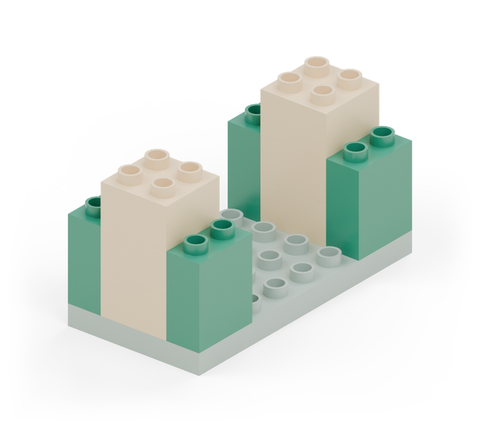 Add green wall bricks beside the bottom of each pillar, one on each side. New additions are shown in their original colours; earlier pieces are lighter.
