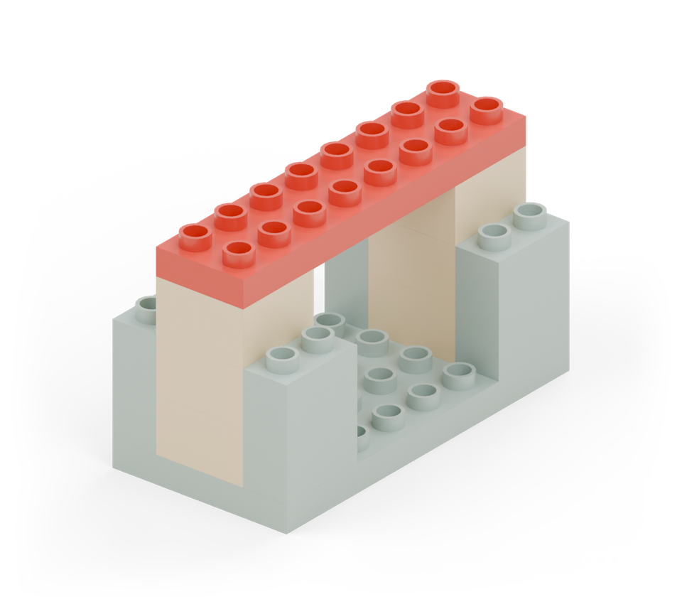 Bridge the pillars with a red long plate. Line up both ends with the pillars. New additions are shown in their original colours; earlier pieces are lighter.