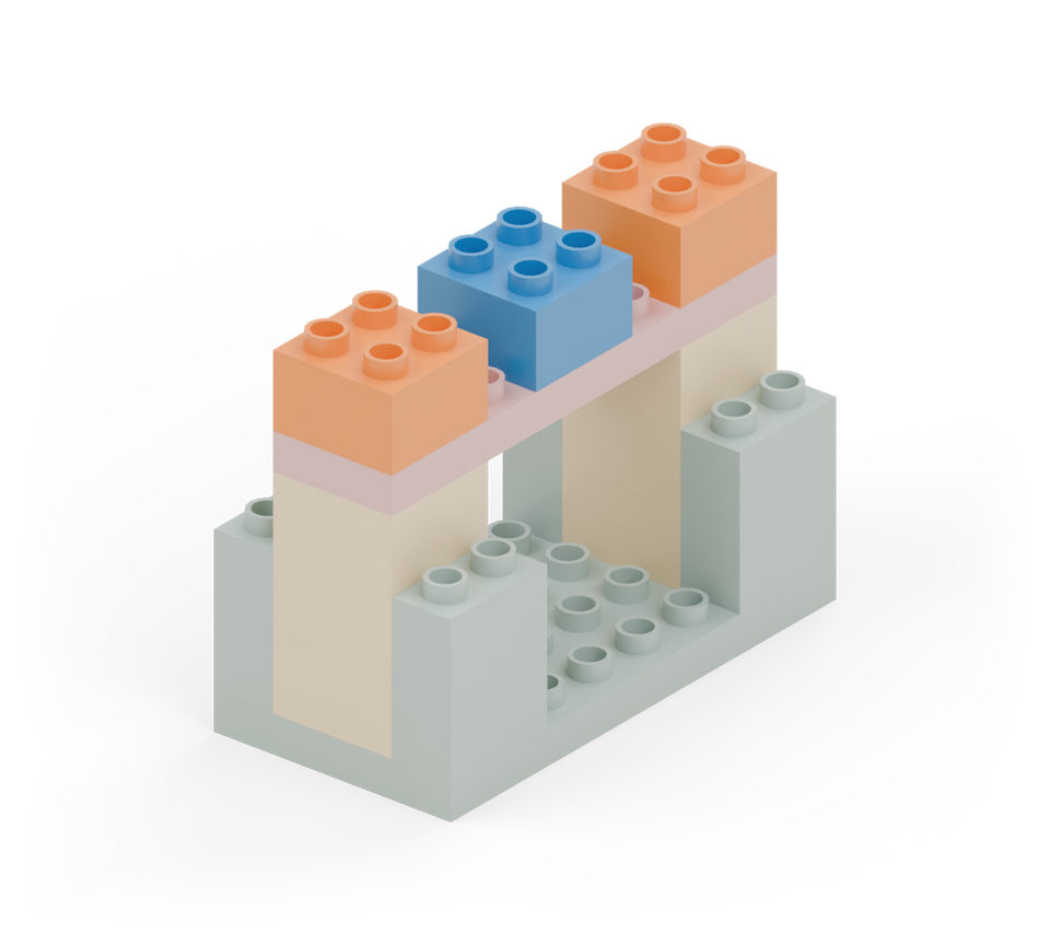 Add orange square bricks above both pillars and a blue square in the middle, leaving one row clear either side of the blue brick. New additions are shown in their original colours; earlier pieces are lighter.