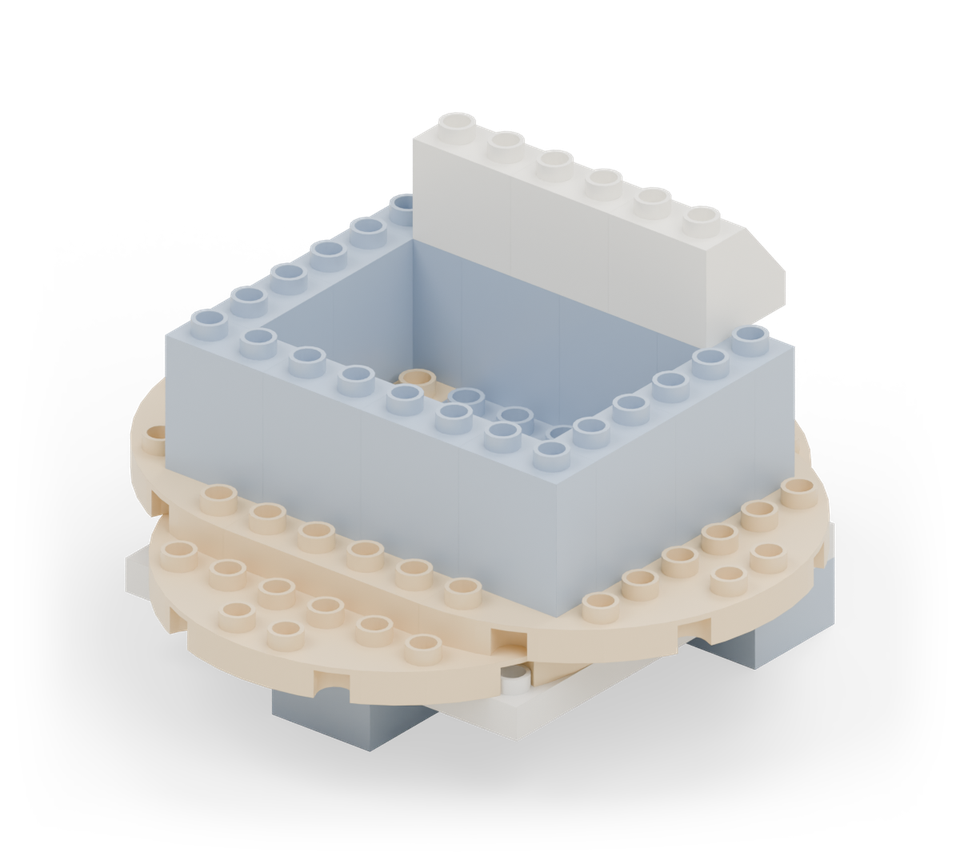 Step 11: Put three white slopes along the back wall, centred left to right. Their high edges face towards the middle of the cockpit.