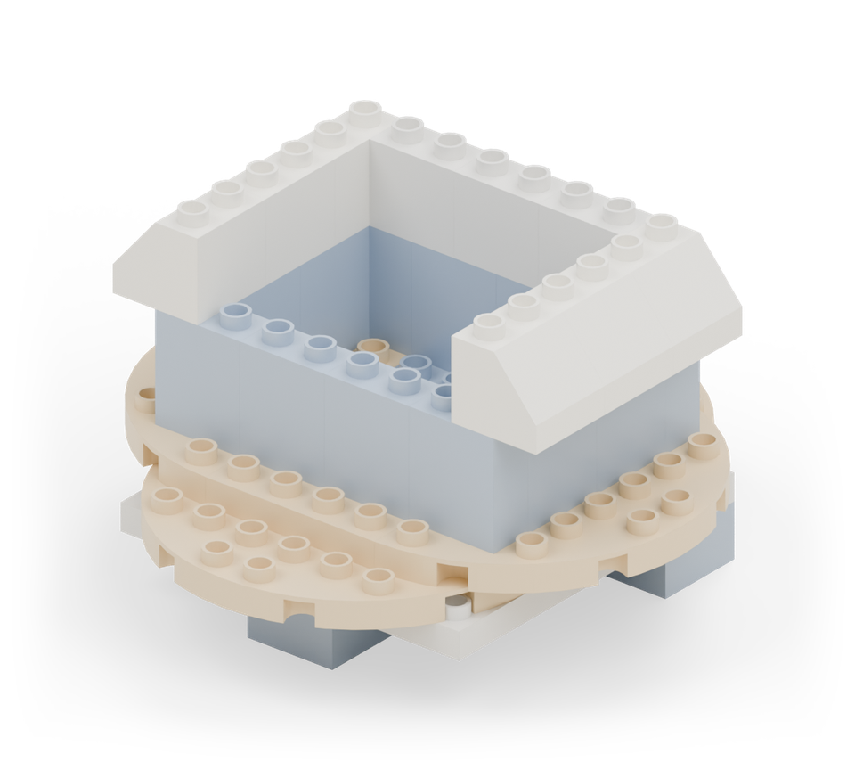 Step 12: Put three white slopes along each side. Their high edges face inwards; one column projects outside each blue side wall.
