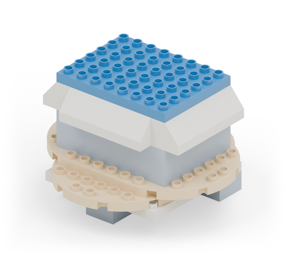 Step 14: Close the empty cockpit with three blue 2 × 8 plates across the opening, side by side. Their edges rest on the high edges of the slopes. This lid comes off when the alien rides aboard.