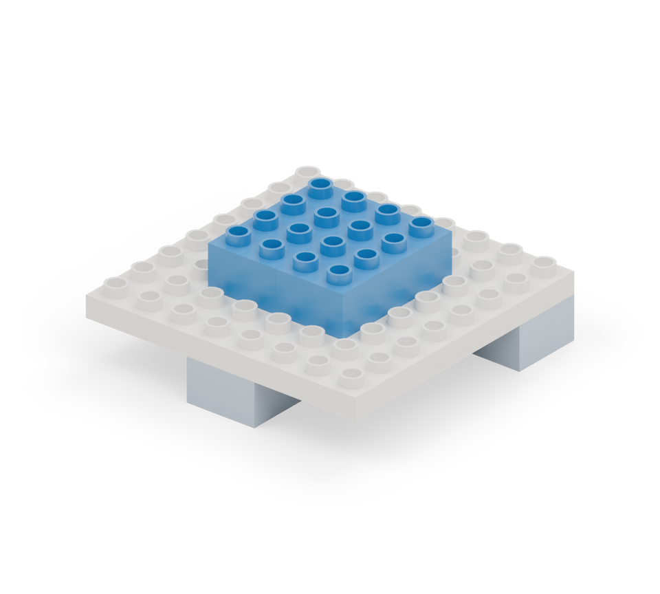 Step 3: Centre a green square brick on the blue plate. Leave one blue column showing on each side.