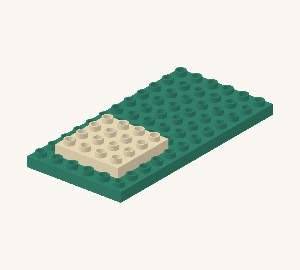 Set the green large base plate lengthways for the woodland garden. Add the cream square porch plate near the front, one row in from both sides and the front edge. New additions are shown in their original colours; earlier pieces are lighter.