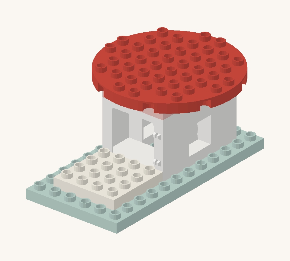 Make a broad round mushroom brim with two red semicircular plates. Centre their joined straight edges across the room; the round brim projects beyond the walls. New additions are shown in their original colours; earlier pieces are lighter.