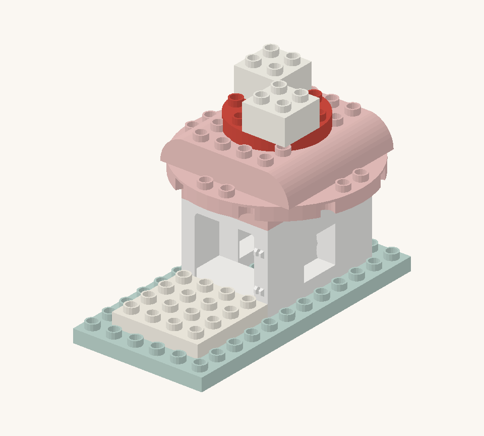Centre the red round plate on top of the cap. Add two white squares on opposite corners as raised mushroom spots. New additions are shown in their original colours; earlier pieces are lighter.
