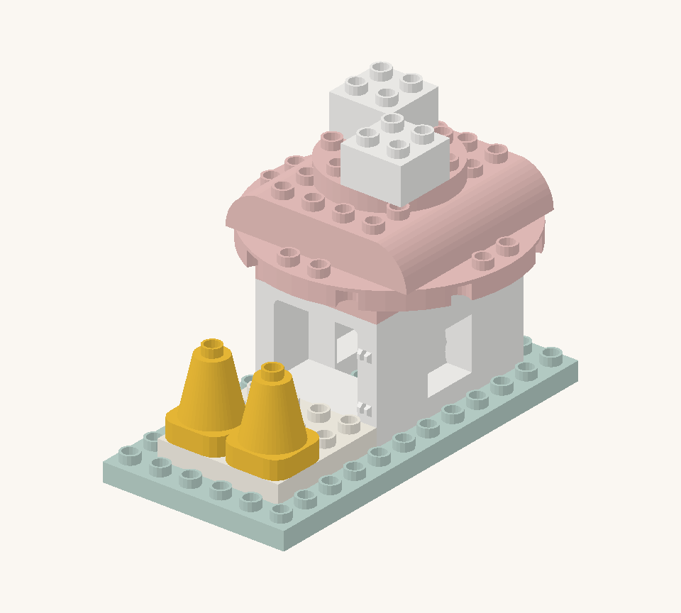 Add two yellow cones to the front corners of the porch as little woodland flowers. Leave their top studs free. New additions are shown in their original colours; earlier pieces are lighter.