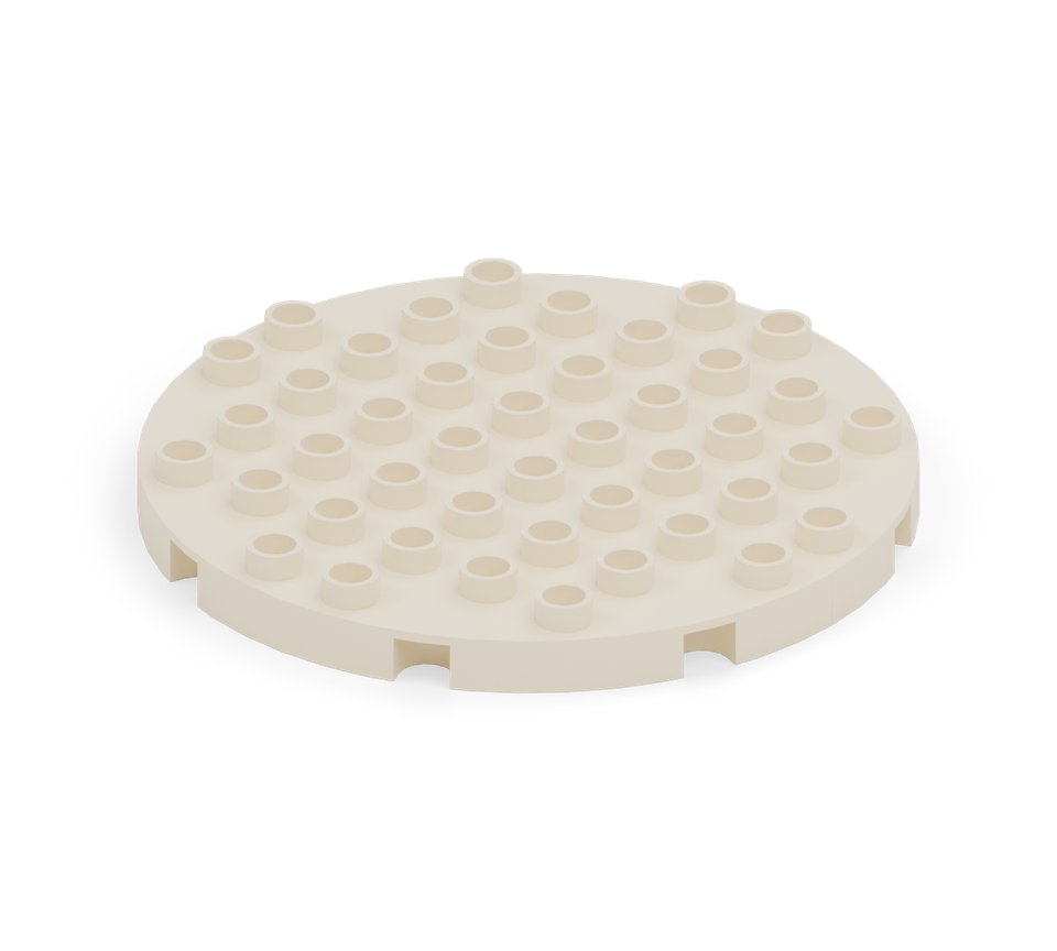 Make a round cream platter from two semicircular plates. Set their straight eight-stud edges together, with the curved edges facing outward.