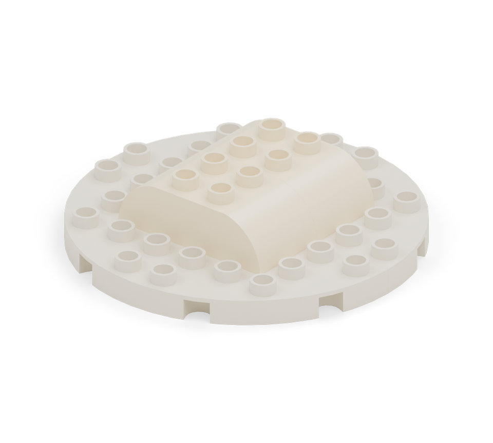 Centre two cream double-curved bricks on the platter as the lower sponge layer. Turn both across the platter, one on each side of its middle seam.
