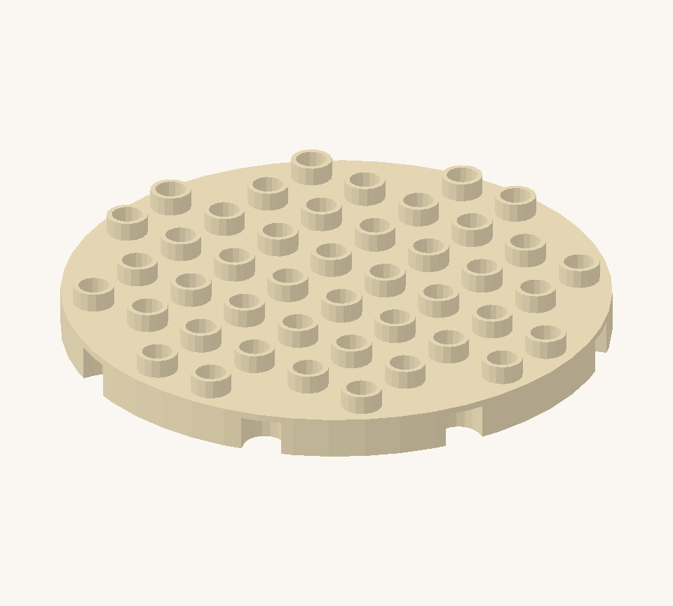 Make a round cream platter from two semicircular plates. Set their straight eight-stud edges together, with the curved edges facing outward. New additions are shown in their original colours; earlier pieces are lighter.
