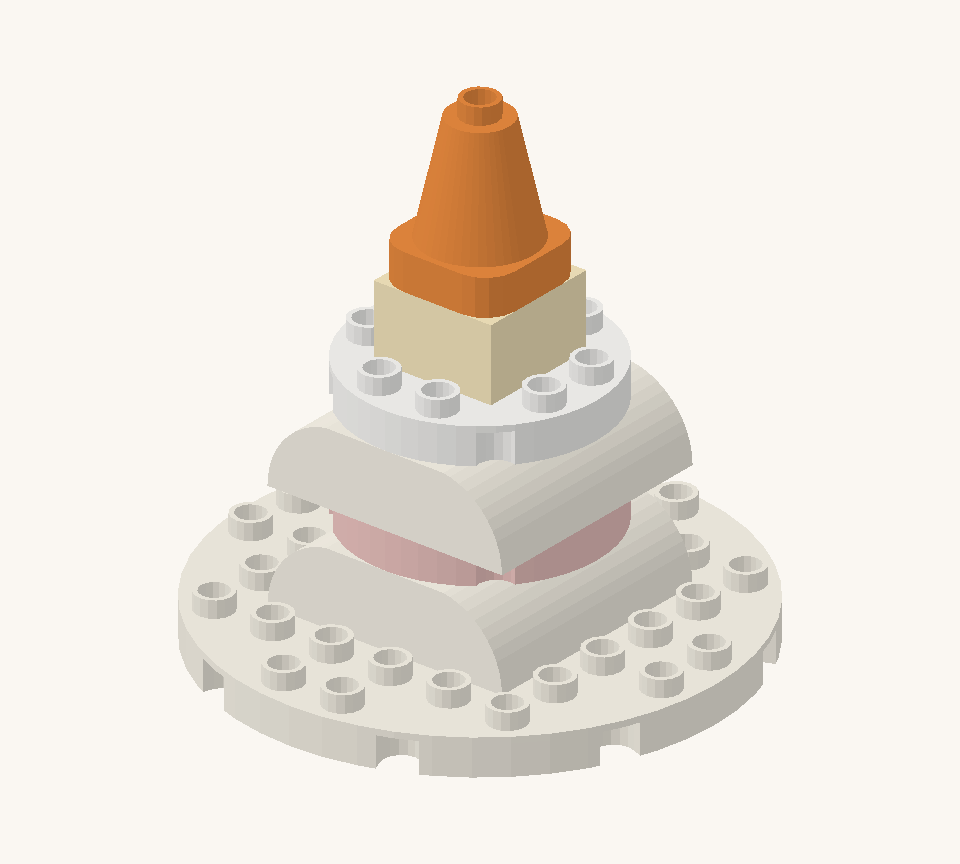 Finish the candle with the orange cone as a pretend flame. Leave its top stud free. New additions are shown in their original colours; earlier pieces are lighter.