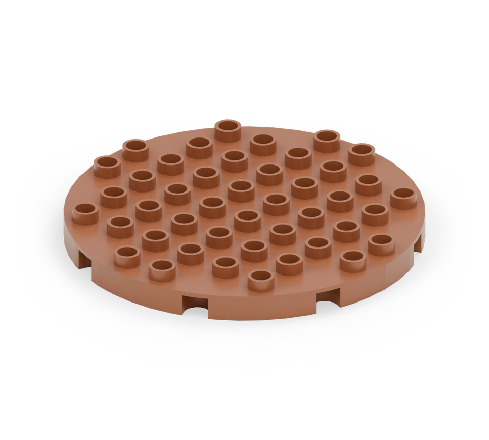 Place two brown semicircular plates with their straight edges together, making a round nest. The join runs left to right. New additions are shown in their original colours; earlier pieces are lighter.