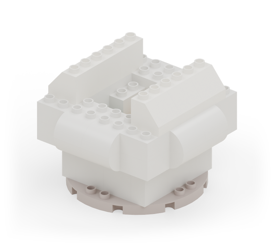 Put three white slopes along each side of the shell, high edges facing towards the middle. New additions are shown in their original colours; earlier pieces are lighter.