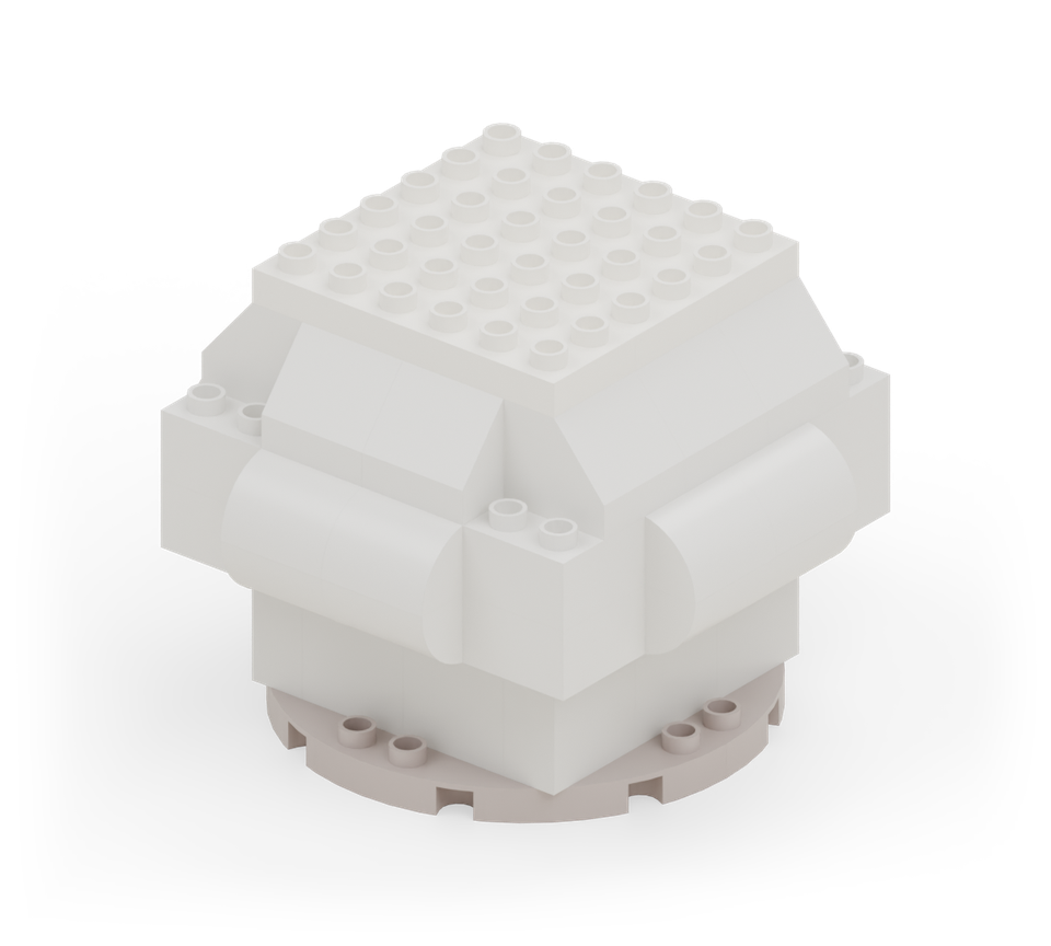 Close the egg with three white 2 × 6 plates across the opening, side by side. Their edges rest on the high edges of the slopes. New additions are shown in their original colours; earlier pieces are lighter.