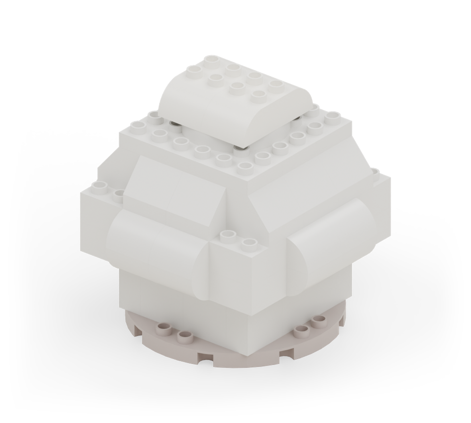 Finish with two white double-curved bricks side by side on the round plate, running from back to front. New additions are shown in their original colours; earlier pieces are lighter.