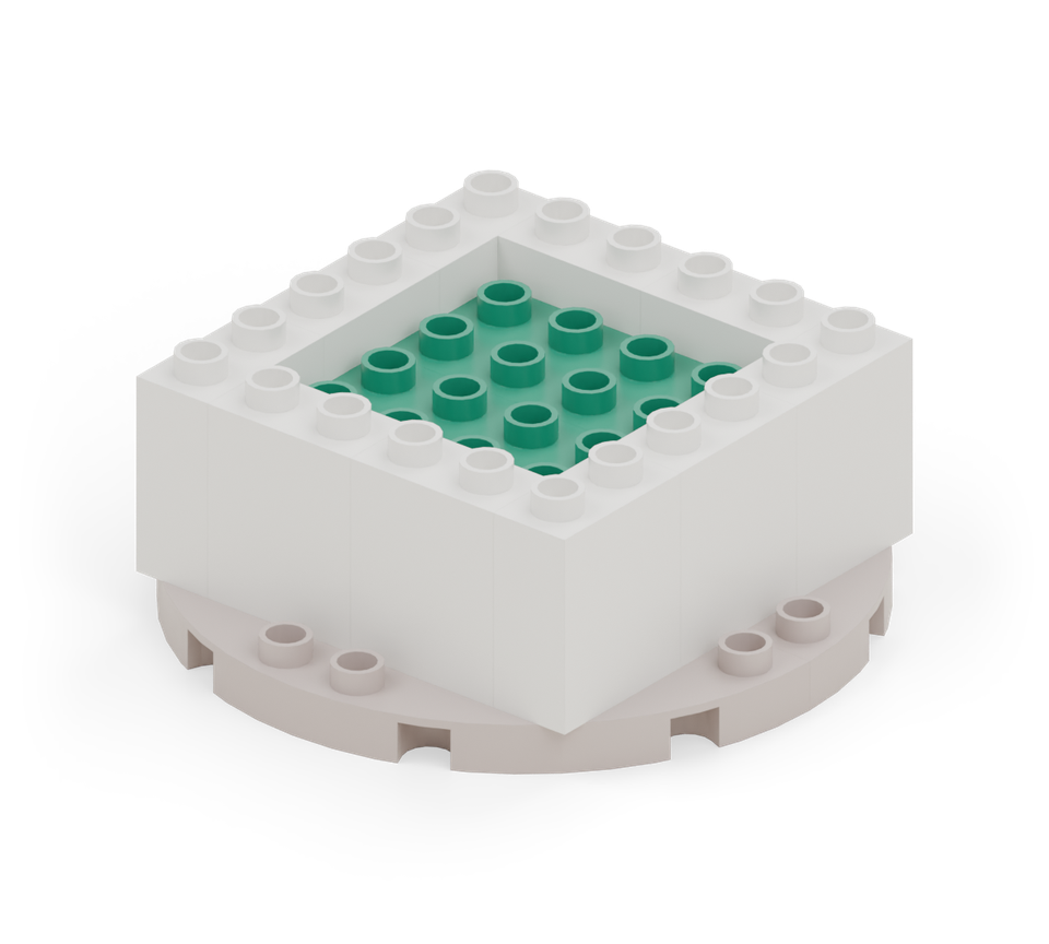 Put two green 2 × 4 bricks across the plate, one behind the other. New additions are shown in their original colours; earlier pieces are lighter.